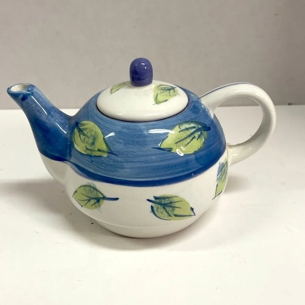 Royal Norfolk Blue and Green Leaf Hand Painted Ceramic Teapot with Lid 7